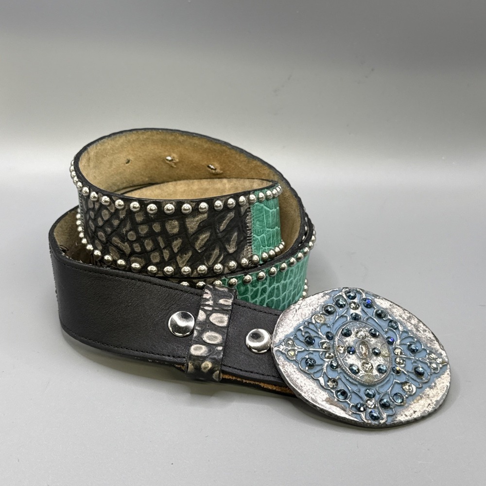Leather Rock Studded Black Turquoise  Leather Blue Jewel Buckle Belt Size XL 38